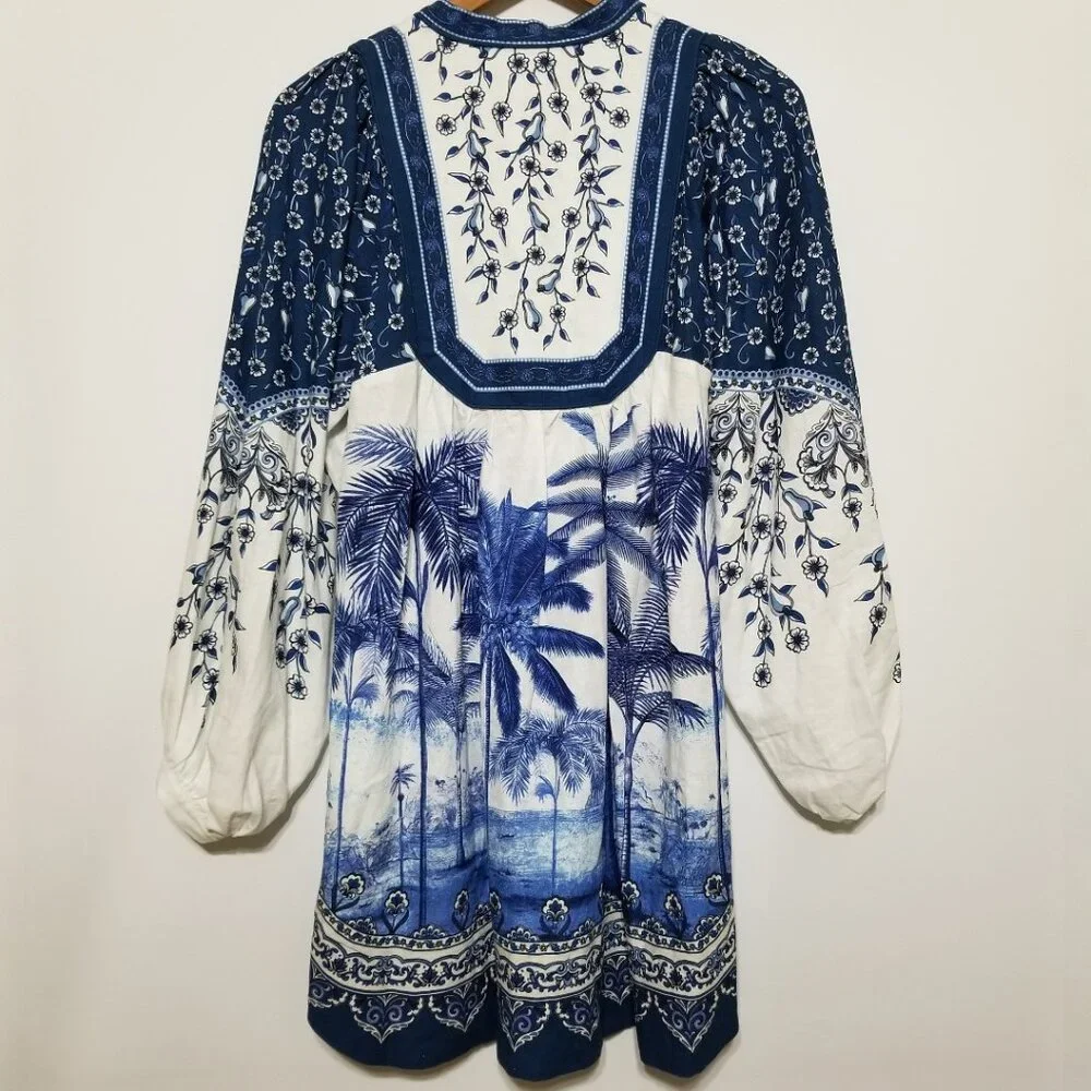 NWT FARM‎ Rio Palm Tree Beach Linen Blend Mini Dress Off White Blue Size S $230
